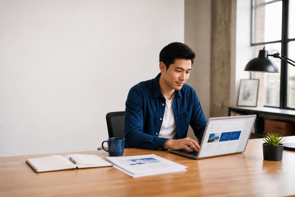 Web design studio workspace with a designer reviewing a website layout