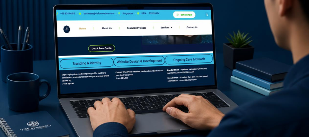 Visionwebco homepage highlighting branding, web design, and ongoing care services with Singapore contact details