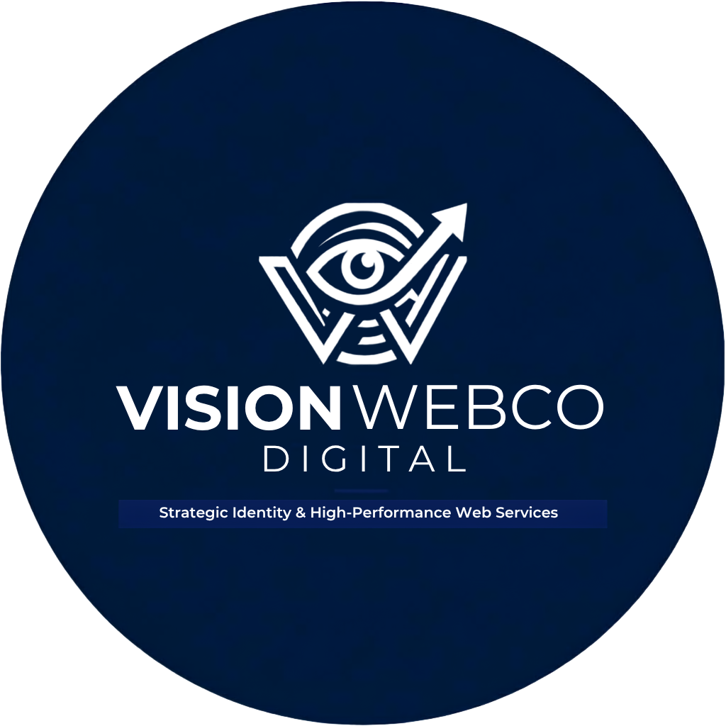 VisionWebCo Digital logo featuring a styled eye symbol with an ascending arrow on a dark navy circular background